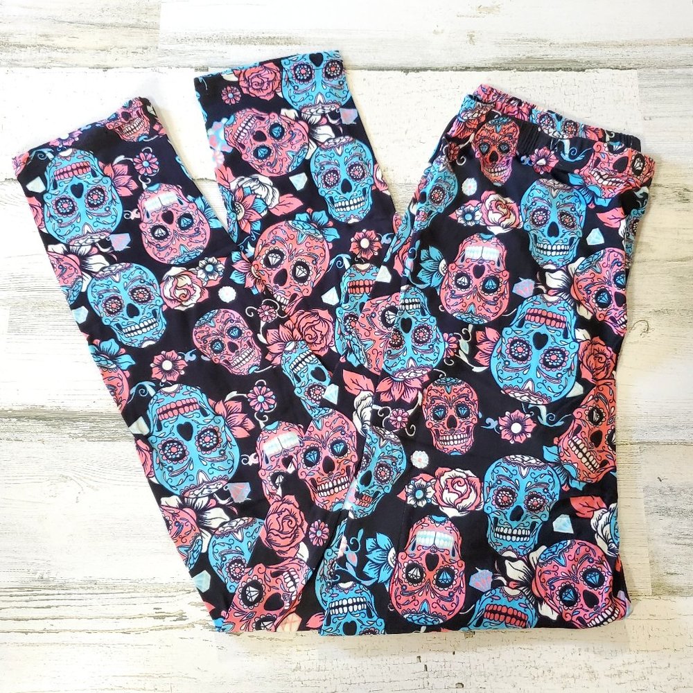 Candy Skull Women's Leggings Halloween Pink Blue OSFM